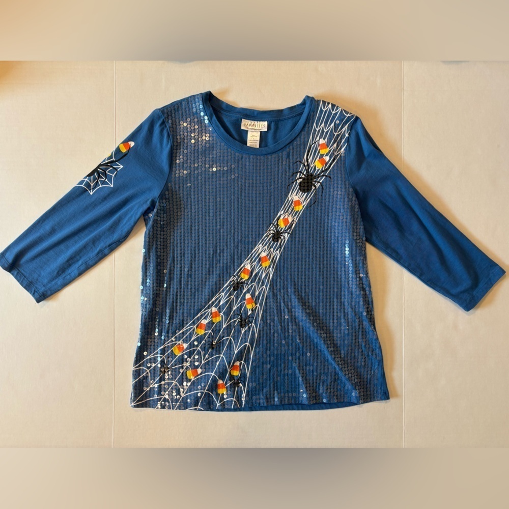 Blue 3/4 sleeve Halloween blouse sequine candy corn spiders web size large